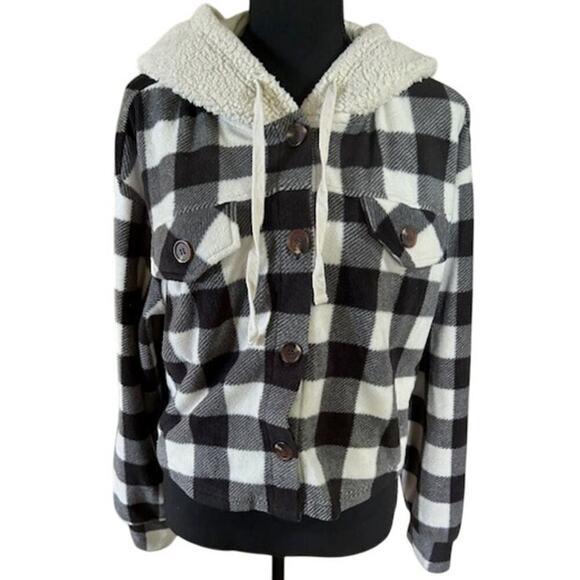 Hippie Rose Sherpa Lined Plaid Hoodie Jacket Size M - Picture 1 of 6